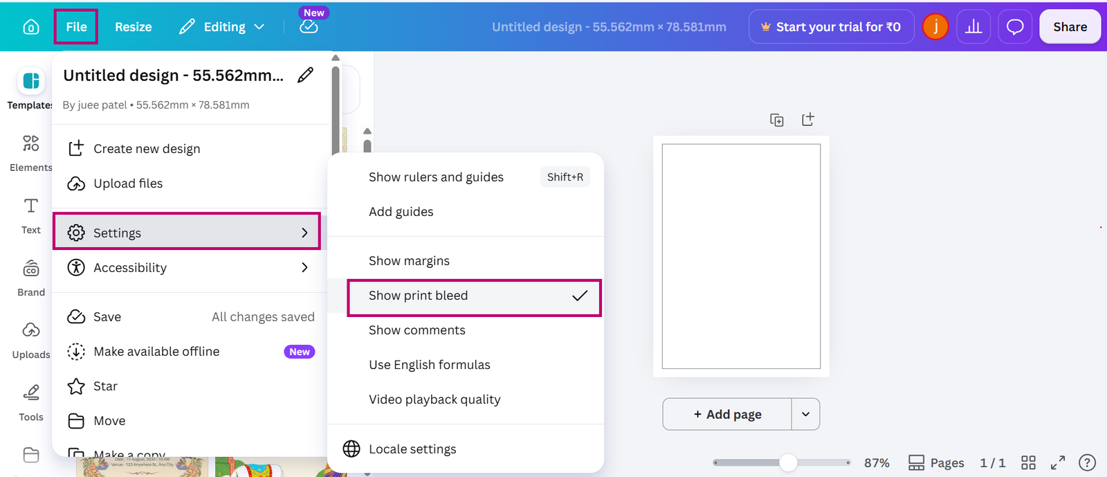 Turn on print bleed
